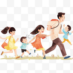 卡通春天一家人奔跑手绘元素