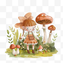 春天可爱女孩植物元素蘑菇手绘