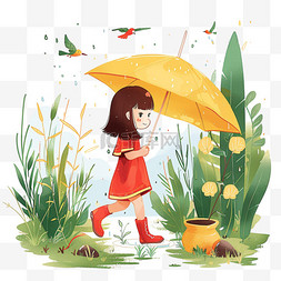 卡通花伞图片_春雨可爱女孩植物手绘元素春天