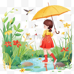 手绘拿花女孩图片_春天春雨元素可爱女孩植物手绘