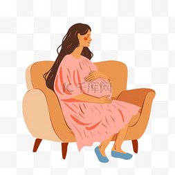 卡通坐在沙发上图片_手绘元素女人孕妇坐在沙发上慵懒