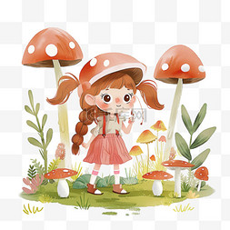 两个小辫子图片_春天手绘可爱女孩植物蘑菇元素