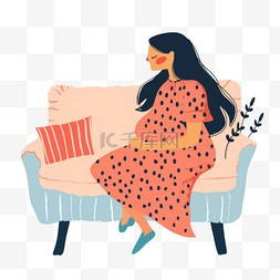 沙发白色长沙发图片_女人孕妇坐在沙发上手绘元素慵懒
