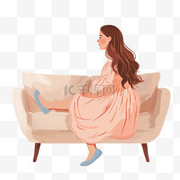 紫红色头发图片_女人孕妇坐在沙发上慵懒手绘元素