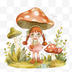 蘑菇顶图片_手绘元素春天可爱女孩植物蘑菇