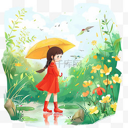 手绘花伞图片_春雨可爱女孩春天植物手绘元素