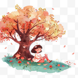 手绘樱花图片_读书日可爱孩子树下卡通手绘元素