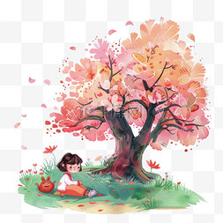 手绘樱花图片_卡通读书日可爱孩子树下读书手绘
