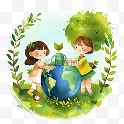 绿色的水壶图片图片_手绘世界地球日元素孩子环保