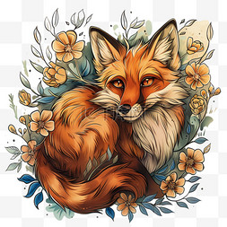 春天可爱狐狸植物插画元素免抠手