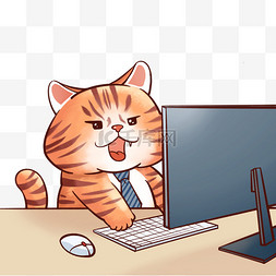 描边猫咪图片_漫画风努力工作玩电脑的小猫咪PNG