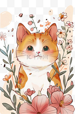 手绘花图片_可爱小猫春天花朵手绘卡通元素