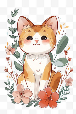可爱小猫春天卡通手绘花朵元素