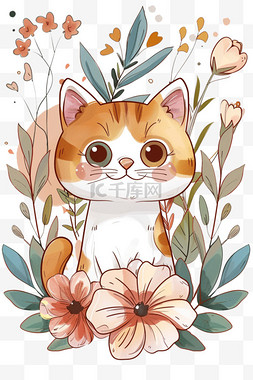 花朵可爱小猫春天卡通手绘元素