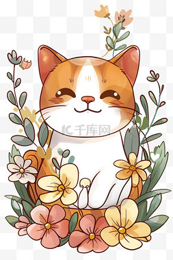 可爱小猫春天手绘花朵卡通元素