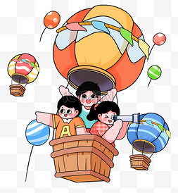 儿童卡通热气球图片_六一儿童节梦幻乘坐热气球儿童PNG