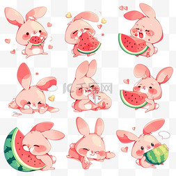 卡通西瓜卡通动物图片_可爱卡通萌宠粉色小兔子吃西瓜表