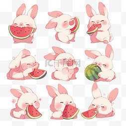 兔子图片_可爱卡通萌宠粉色小兔子吃西瓜表