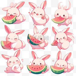 兔子图片_可爱卡通萌宠粉色小兔子吃西瓜表