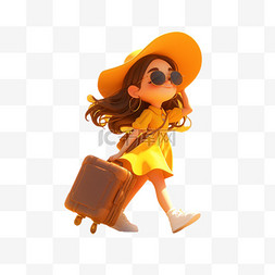 旅行元素图片_春天拖着行李箱旅游的女孩3D形象
