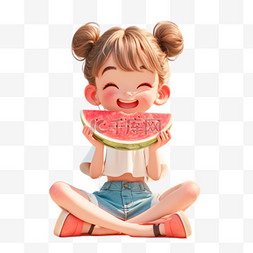 水果图片_夏天吃西瓜的女孩3D形象图片
