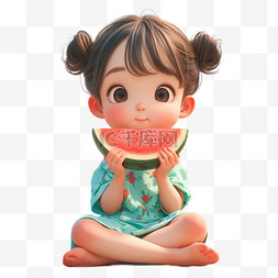 水果图片_夏天吃西瓜的女孩3D形象元素