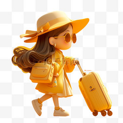 五一出游素材图片_春天拖着行李箱旅游的女孩3D形象