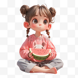 夏天吃西瓜的女孩3D形象PNG素材