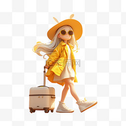 小孩出游图片_春天拖着行李箱旅游的女孩3D形象