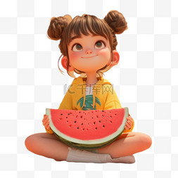 水果图片_夏天吃西瓜的女孩3D形象设计