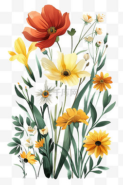手绘图片_水彩花朵黄色免抠红色元素