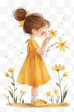 黄色花朵手绘免抠女孩元素