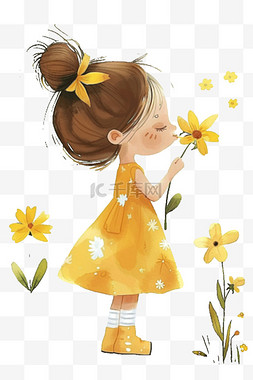 女孩黄色手绘花朵免抠元素