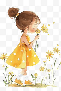 女孩黄色花朵手绘免抠元素