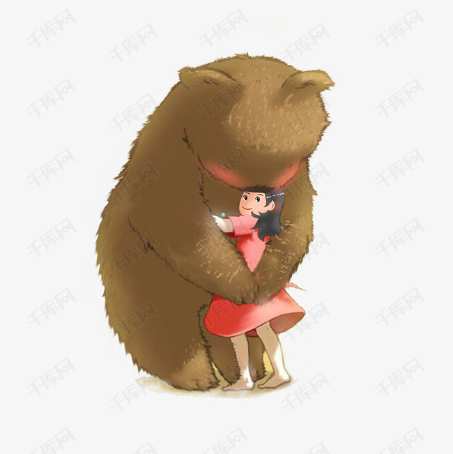 手绘卡通熊抱小女孩