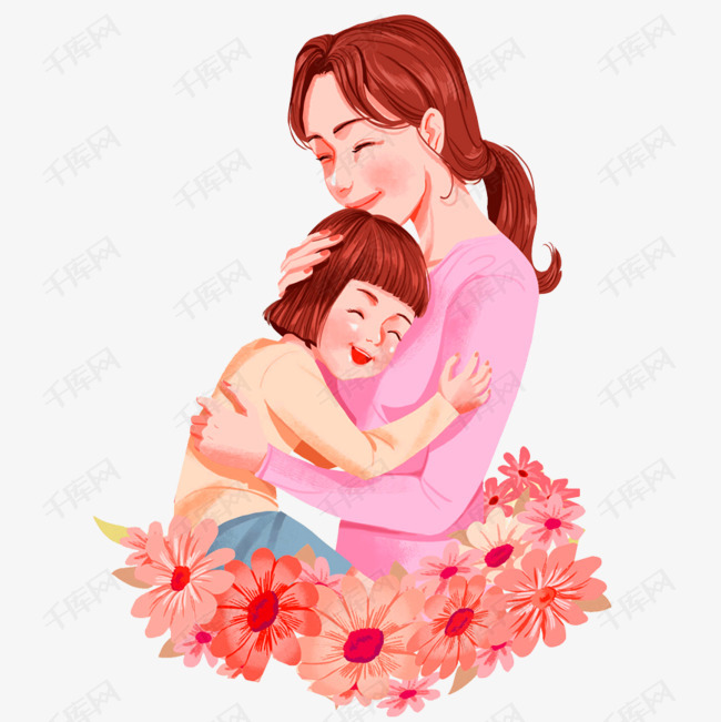 卡通版粉色的母亲节的素材免抠母亲节卡通手绘装饰图花朵母女卡通人物