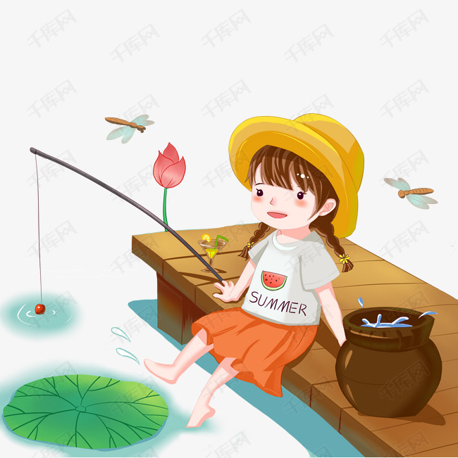 夏至可爱小女孩钓鱼游戏插画