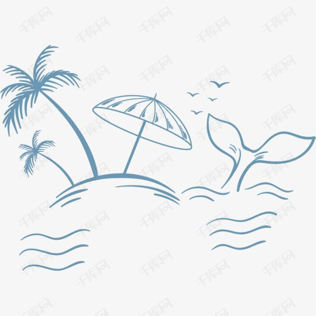 手绘夏季蓝色海洋的素材免抠手绘海洋夏季海洋绘画画画小岛蓝色海洋
