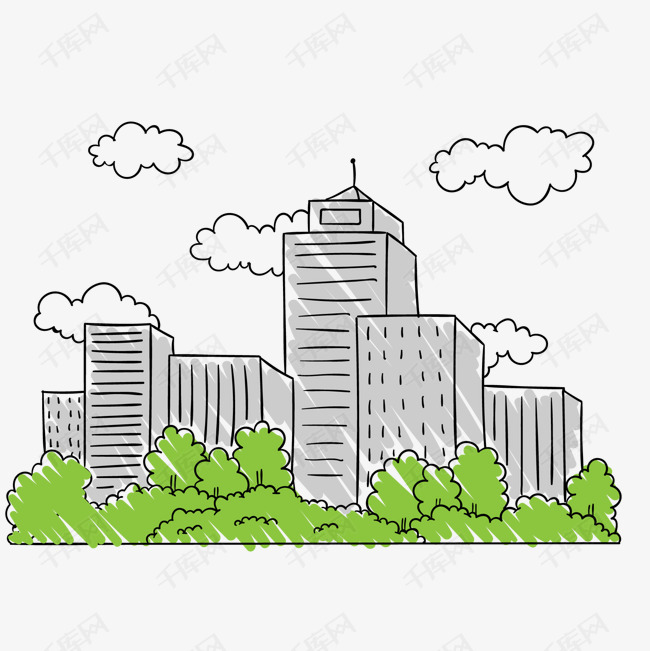 灰色手绘建筑大楼元素