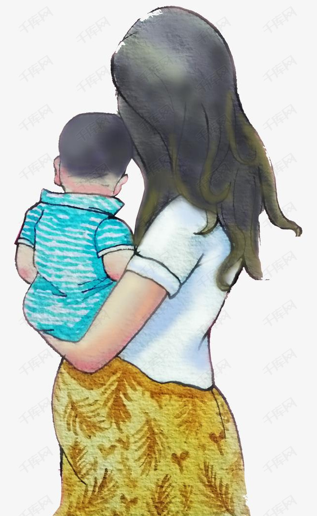 抱着小男孩背影插画的素材免抠手绘人物插图母亲节妈妈抱孩子小男孩