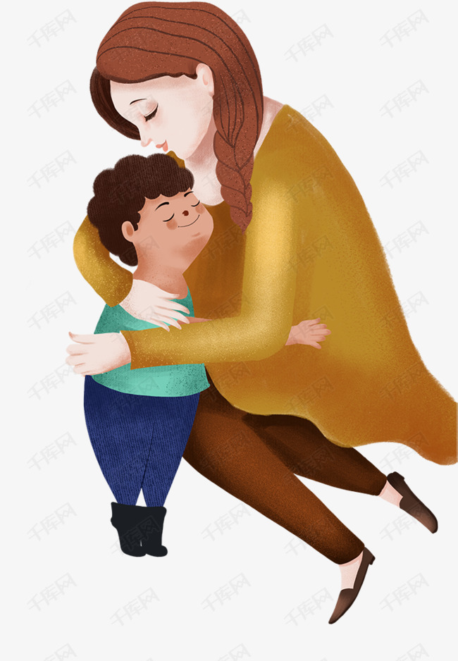手绘可爱插画母亲节妈妈拥抱小男孩亲子插图