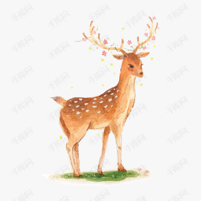 手绘插画风格水彩画梅花鹿免抠元素下载