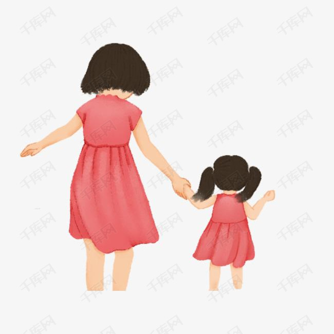 手绘水彩卡通插图母亲节母子装妈妈与小女孩牵手背影