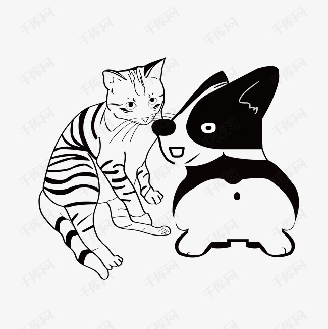 动物猫狗和谐相处黑白png下载