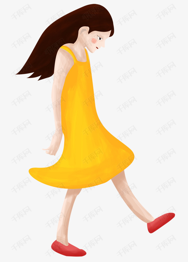 手绘卡通夏季小清新黄色裙子女孩