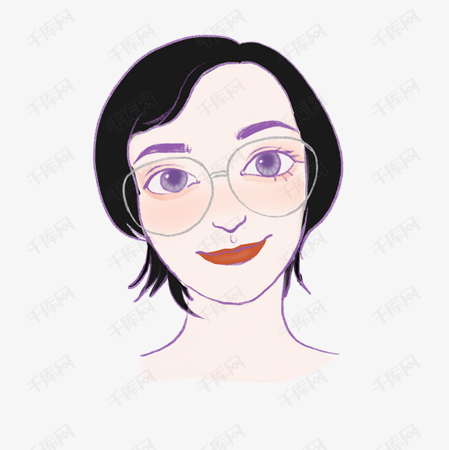 手绘戴眼镜红唇短发女孩元素下载