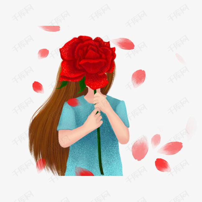 手绘拿着玫瑰花的女孩小清新插画