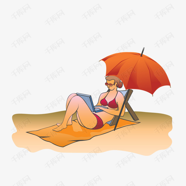 日光浴玩电脑的女人免抠