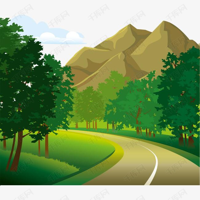 矢量图绿色山水画的素材免抠矢量图树林连绵不绝的山峰混凝土路卡通