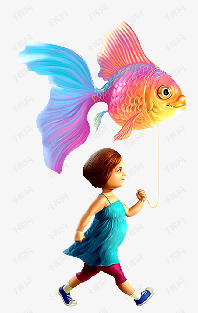 卡通手绘3d拿着金鱼气球的小女孩